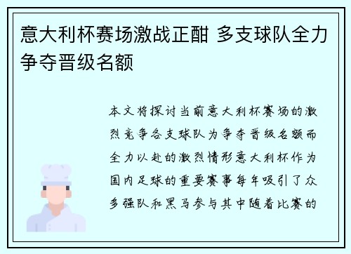 意大利杯赛场激战正酣 多支球队全力争夺晋级名额