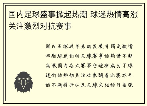 国内足球盛事掀起热潮 球迷热情高涨关注激烈对抗赛事